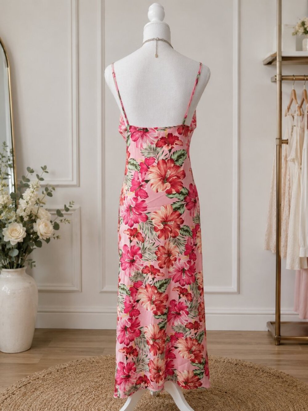 Floral Pink Slip Maxi Dress with Side Slit - Picture 4 of 7